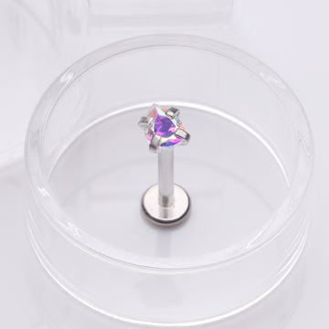 Detail View 1 of Teardrop Prong Set Sparkle Top Internally Threaded Labret Flat Back Stud-Aurora Borealis